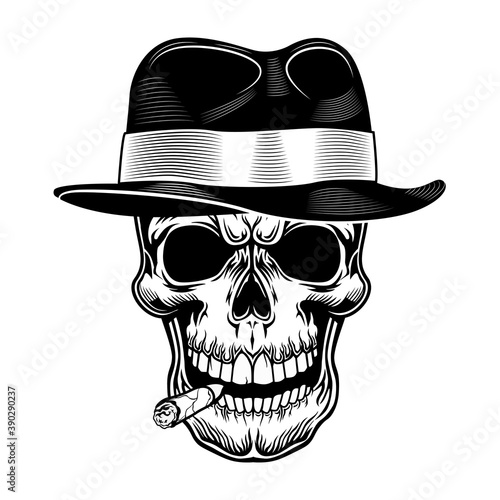 Gangster skull vector illustration. Head of skeleton in hat with cigar in mouth. Criminal and mafia concept for gang emblems or tattoo templates