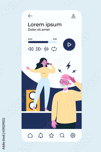 People listening bad singer and having headache. Stage, song, noise flat vector illustration. Performance and music concept for banner, website design or landing web page