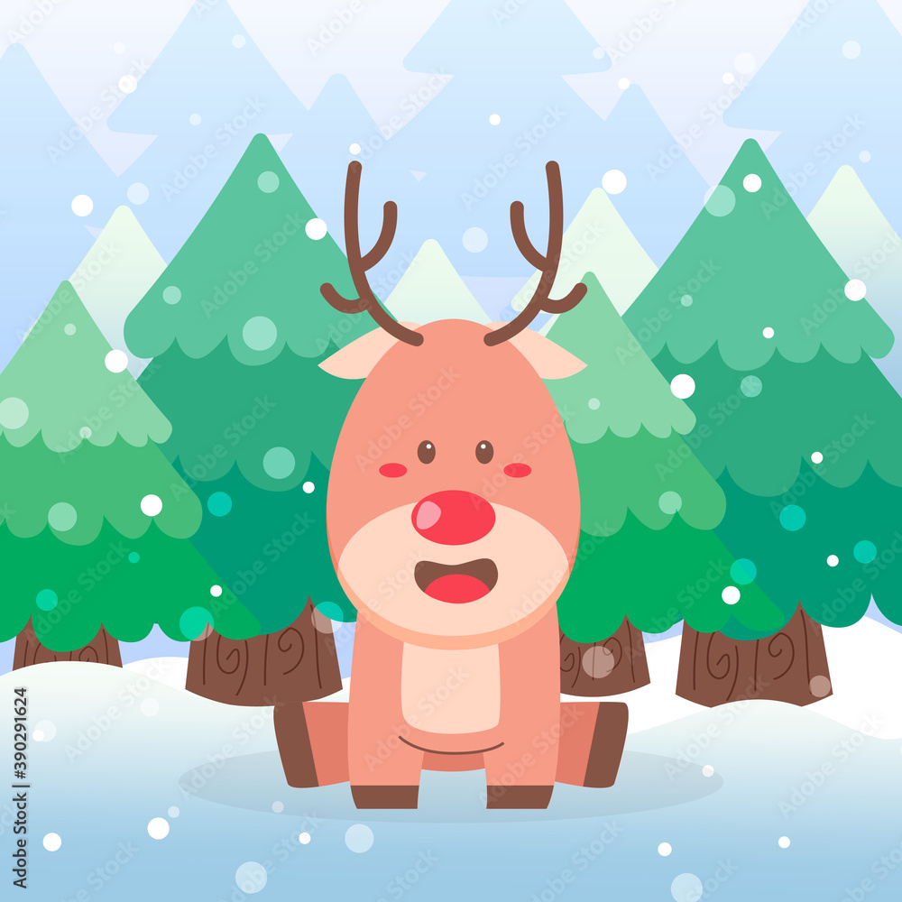 Obraz premium Cute Deer Christmas Character sitting on scene winter landscape