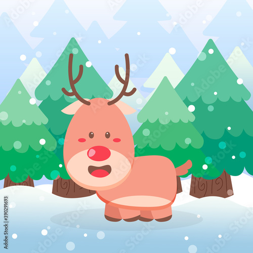Cute Deer Christmas Character walk on scene winter landscape © imajin