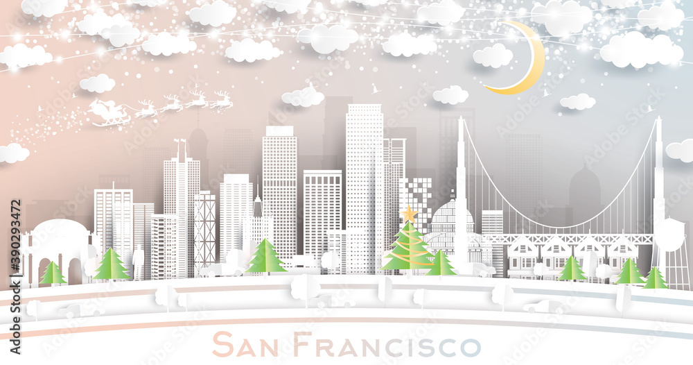 San Francisco California USA City Skyline in Paper Cut Style with Snowflakes, Moon and Neon Garland.