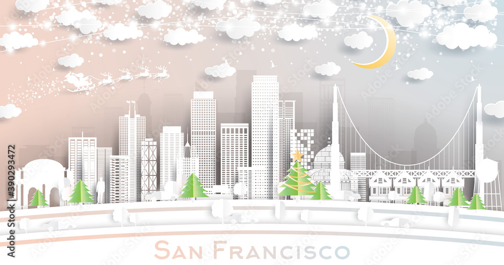 Fototapeta premium San Francisco California USA City Skyline in Paper Cut Style with Snowflakes, Moon and Neon Garland.