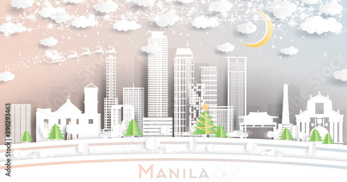Manila Philippines City Skyline in Paper Cut Style with Snowflakes, Moon and Neon Garland.
