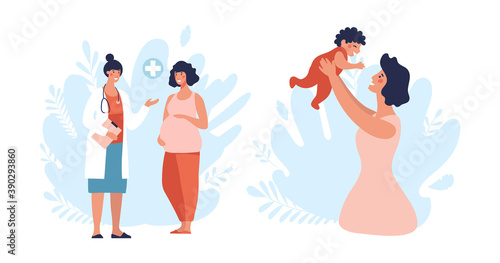 A set of illustrations about pregnancy and motherhood. Pregnant woman at a doctor s appointment, a woman plays with a newborn baby. Cartoon flat vector illustration isolated on white background.
