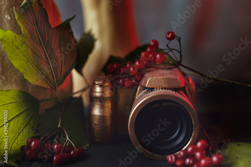 halloween background for photographers. gold camera and pumpkins