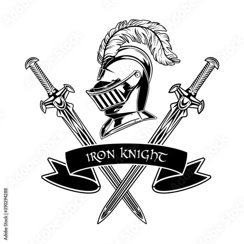 Medieval warrior accessories vector illustration. Armor, helmet with feather, crossed swords and iron knight text. Guard and protection concept for emblems or badges templates