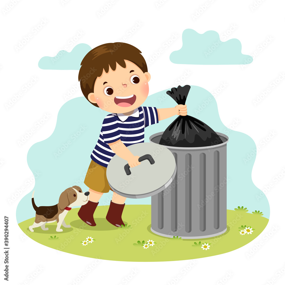 Vector illustration cartoon of a little boy taking out the trash. Kids