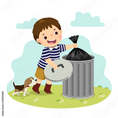 Vector illustration cartoon of a little boy taking out the trash. Kids doing housework chores at home concept