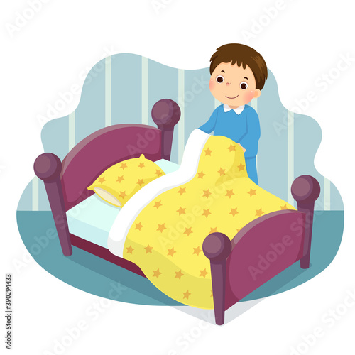 Vector illustration cartoon of a little boy making the bed. Kids doing housework chores at home concept.