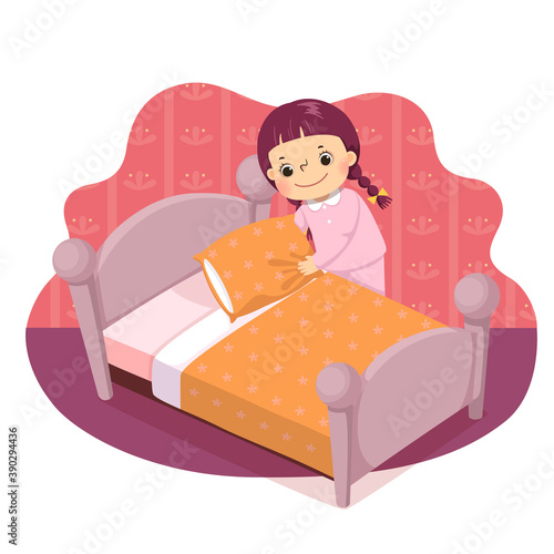 Vector illustration cartoon of a little girl making the bed. Kids doing housework chores at home concept.