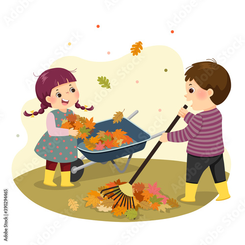 Vector illustration cartoon of a little boy and girl raking the leaves. Kids doing housework chores at home concept.