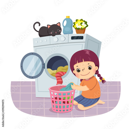 Vector illustration cartoon of a little girl doing the laundry. Kids doing housework chores at home concept.