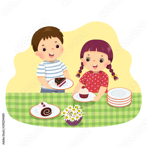 Vector illustration cartoon of little siblings setting the table. Kids doing housework chores at home concept.