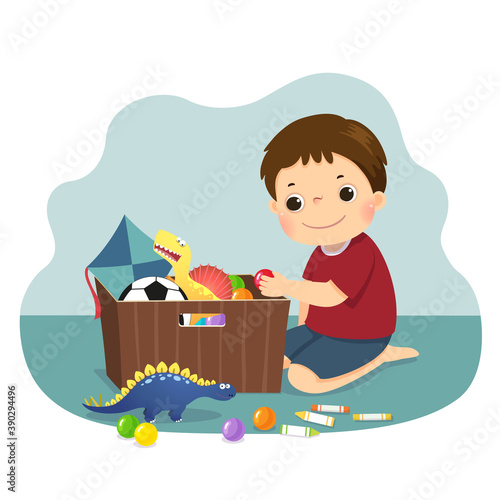 Vector illustration cartoon of a little boy putting his toys into the box. Kids doing housework chores at home concept.