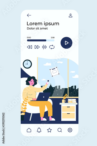 Robot cleaner concept. Woman using remote control, machine washing window. Vector illustration for automation, hygiene, domestic help topics