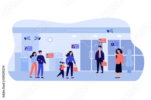 People standing in bank hall while surveillance cameras scanning faces and displaying personal data. Vector illustration for face recognition system, safety control concept