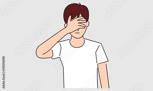 Man closing eyes with palm gesture. Turning blind eye