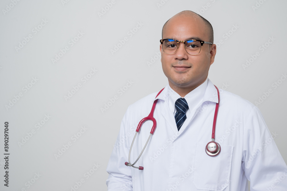 Doctor in white coat, stethoscope standing look into camera isolated on white background. Doctor in white coat, stethoscope standing look into camera isolated on white background.