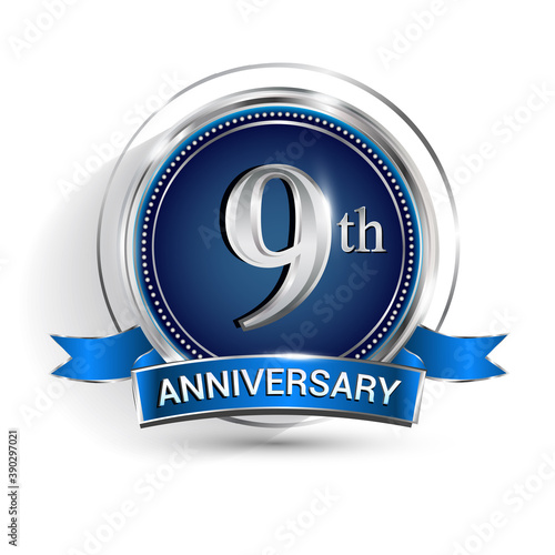 Celebrating 9th anniversary logo, with silver ring and ribbon isolated on white background.