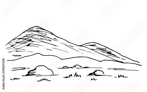 Simple hand-drawn vector black and white sketch. Mountain landscape, desert rocky terrain, dry grass. Nature, tourism and travel.