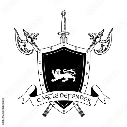 Medieval knight weapon vector illustration. Crossed axes, sword, shield and castle defender text. Guard and protection concept for emblems or badges templates