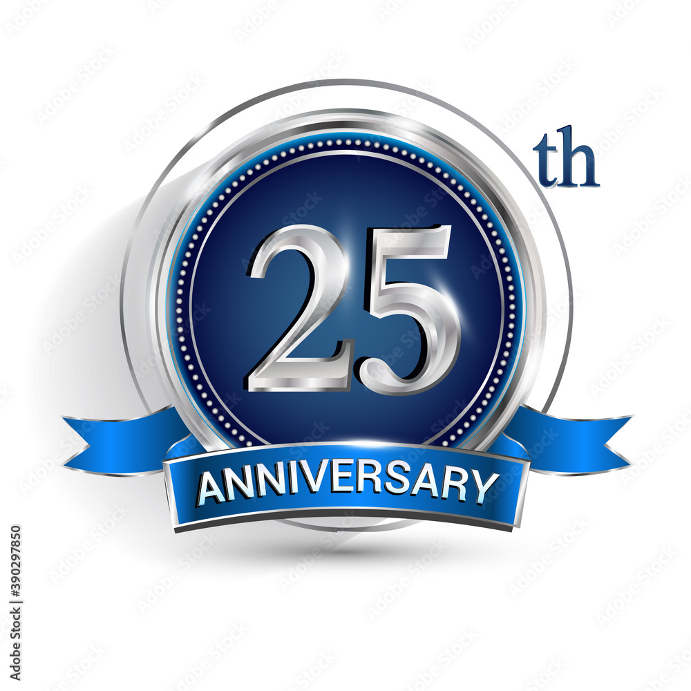 Celebrating 25th anniversary logo, with silver ring and ribbon isolated on white background.