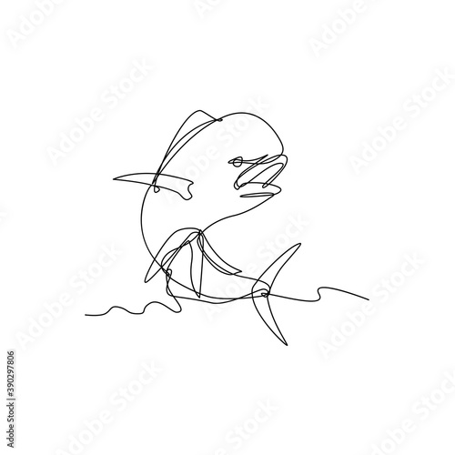 Mahi-mahi or Common Dolphinfish Jumping Up Continuous Line Drawing Black and White