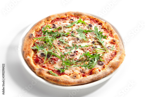 Pizza with Tuna, Olives and Arugula Side View Isolated