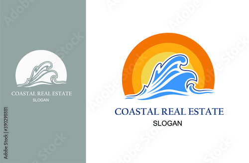 Abstract water wave vector logo concept with sun element. Swimming, surf, villa, cosmetic business template