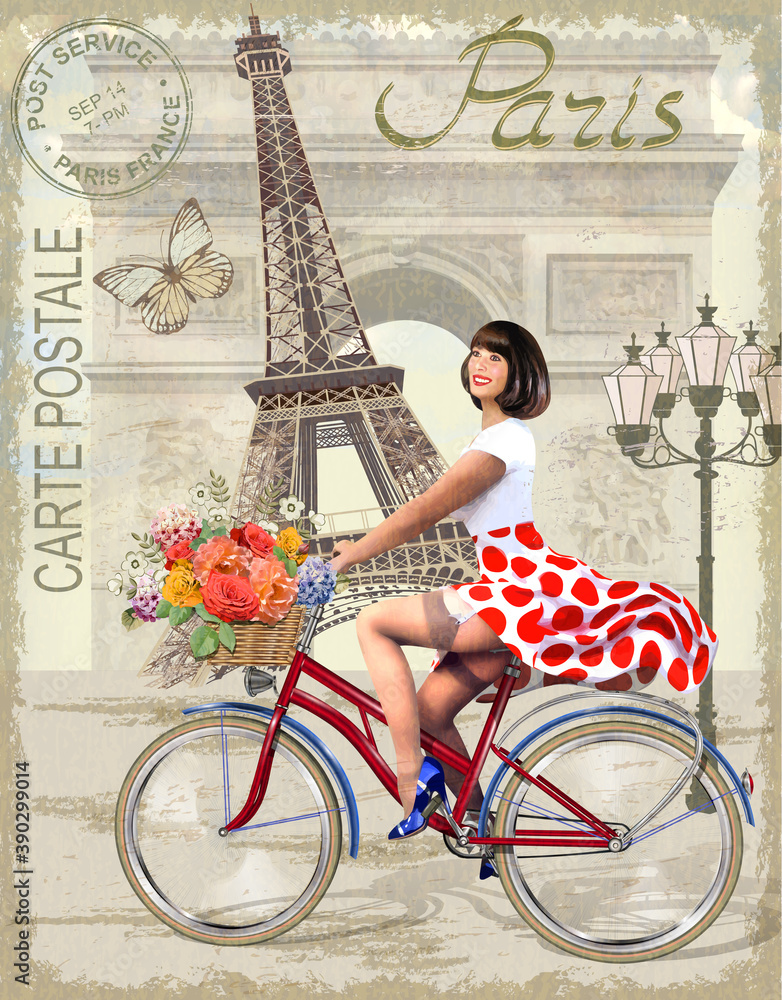 Φωτογραφία Paris vintage poster.Happy Pin-up girl on  a bike with flowers.