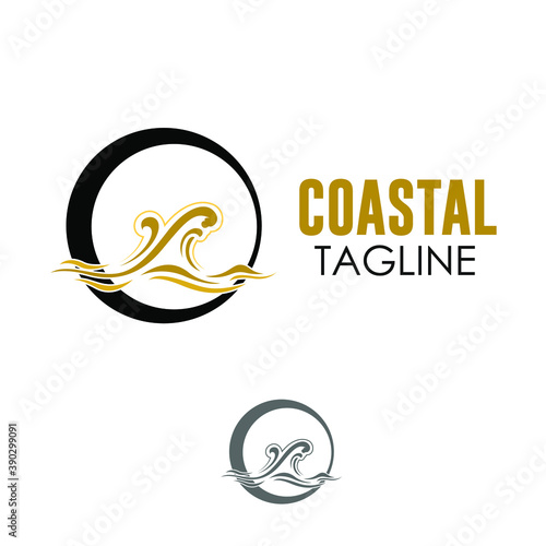 Abstract water wave vector logo concept with sun element. Swimming, surf, villa, cosmetic business template