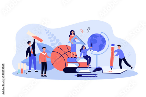 Team of tiny teachers with school supplies. People with stack of books, globe, math ruler, chemical tube. Vector illustration for school disciplines, teaching job, occupation, education concept