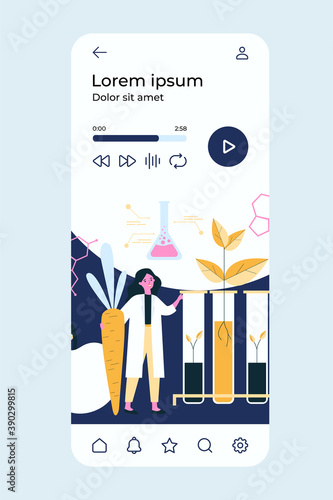 Scientists growing plants in lab, cultivating genetic modified vegetables and fruits, doing research. Vector illustration for biology, artificial food, agriculture concept