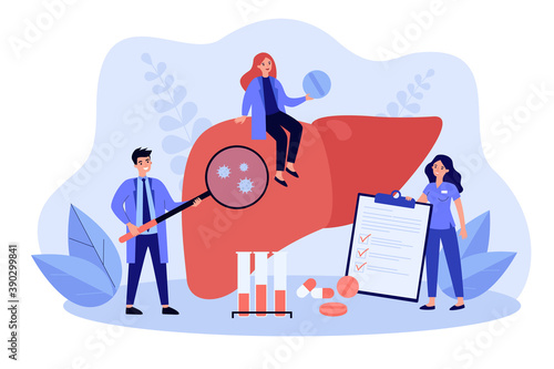 Doctors examining human liver for hepatitis and cancer. Nurse with checklist near lab blood samples and pills. Vector illustration for health care, hepatitis awareness, medical diagnosis concept
