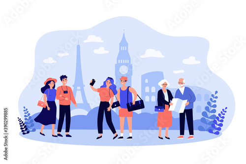 People traveling, walking at famous city landmarks, taking pictures or selfies, using paper map. Vector illustration for tourism, Europe guide, vacation concept