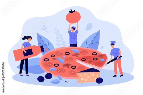 Tiny restaurant chef and team cooking huge tasty pizza with cheese and olives, taking slice, holding bottle of red sauce and tomato. Vector illustration for Italian food, restaurant kitchen concept