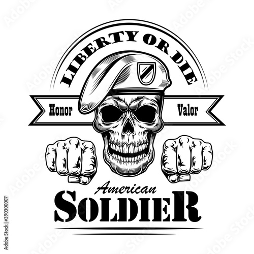 American soldier with fists vector illustration. Skull in beret, honor valor and liberty or death text. Military or army concept for emblems or tattoo templates