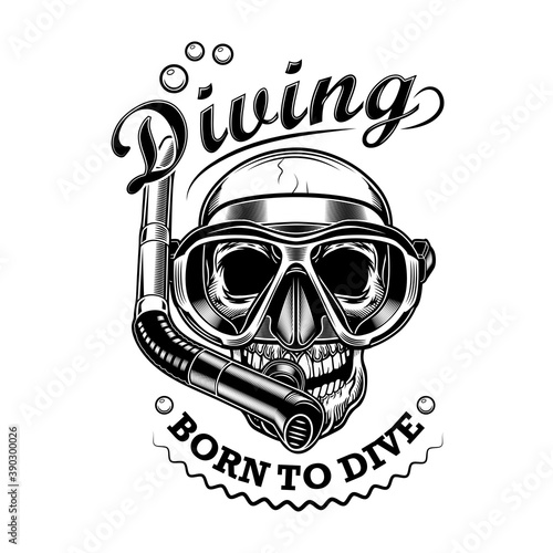 Snorkeler skull vector illustration. Head of skeleton with mask and tube, born to dive text. Seaside activity concept for diving club emblems or labels templates