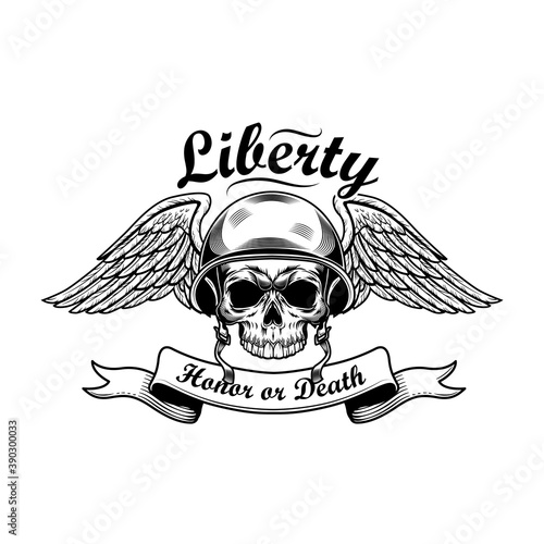Soldier skull vector illustration. Head of skeleton in tankman helmet, wings, liberty, honor or death text. Military or army concept for emblems or tattoo templates