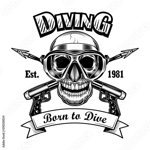 Underwater hunter skull vector illustration. Head of skeleton with mask and crossed spearguns, born to dive text. Seaside activity concept for scuba diving club emblems or labels templates