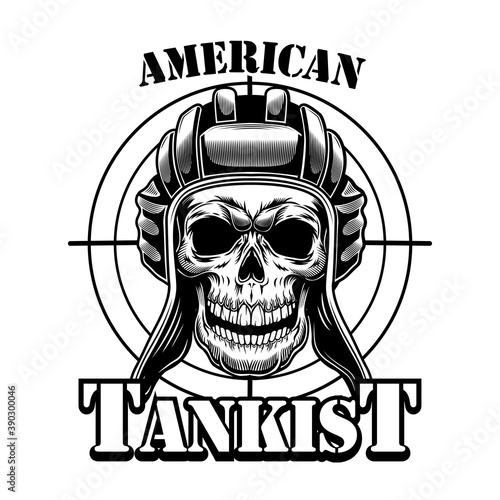 US tankman skull vector illustration. Head of skeleton in tankman hat, gunshot target and text. Military or army concept for emblems or tattoo templates