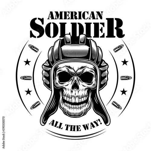 American tankman skull vector illustration. Heal of skeleton in tankman hat, circular frame with stars and bullets, all the way text. Military or army concept for emblems or tattoo templates