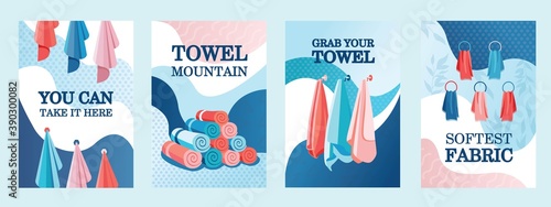 Colorful posters design with bath towels. Vivid flowing background and rolled or hanged towels. Spa and relaxation concept. Template for promotional leaflet or flyer