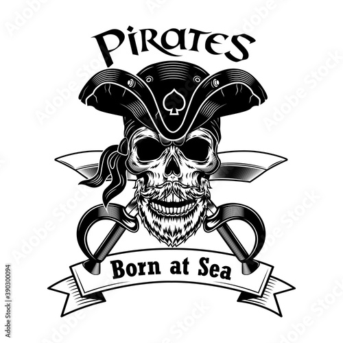 Pirate captain vector illustration. Skull in vintage pirate hat with crossed sabers and born at sea text. Nautical adventure or treasure hunting concept for emblems or labels templates