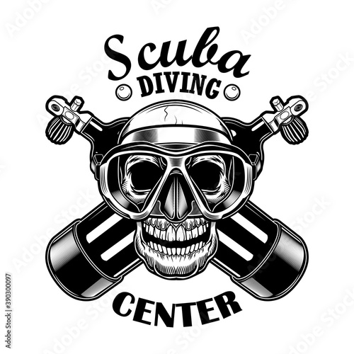 Scuba diver skull vector illustration. Head of skeleton with mask, crossed oxygen balloons from aqualung, text. Seaside activity concept for diving club emblems or labels templates photo