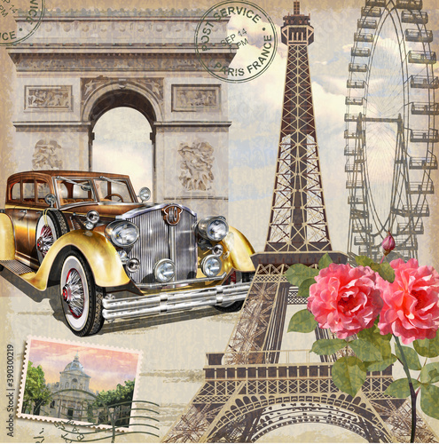 Paris vintage postcard with retro car and Eiffel Tower.