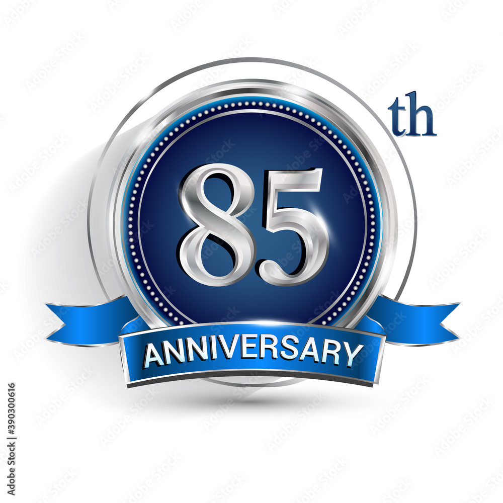 Celebrating 85th anniversary logo, with silver ring and ribbon isolated on white background. Celebrating 85th anniversary logo, with silver ring and ribbon isolated on white background.