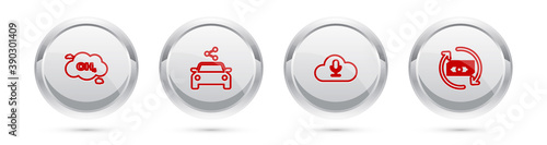 Set line Methane emissions reduction, Car sharing, Music streaming service and Refund money. Silver circle button. Vector.