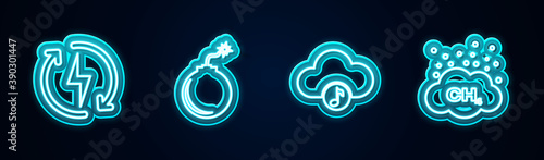 Set line Recharging, Bomb ready to explode, Music streaming service and Methane emissions reduction. Glowing neon icon. Vector.
