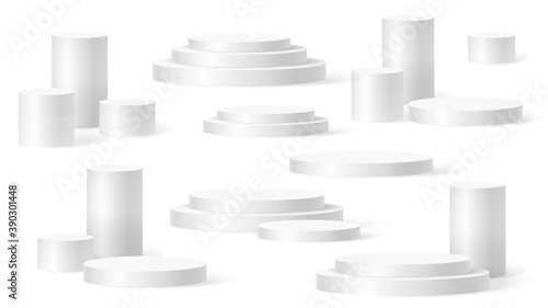 Cylinder podium scene, winner pedestal. White cylinder template for showroom podium scene. Vector white pedestal for product presentation.